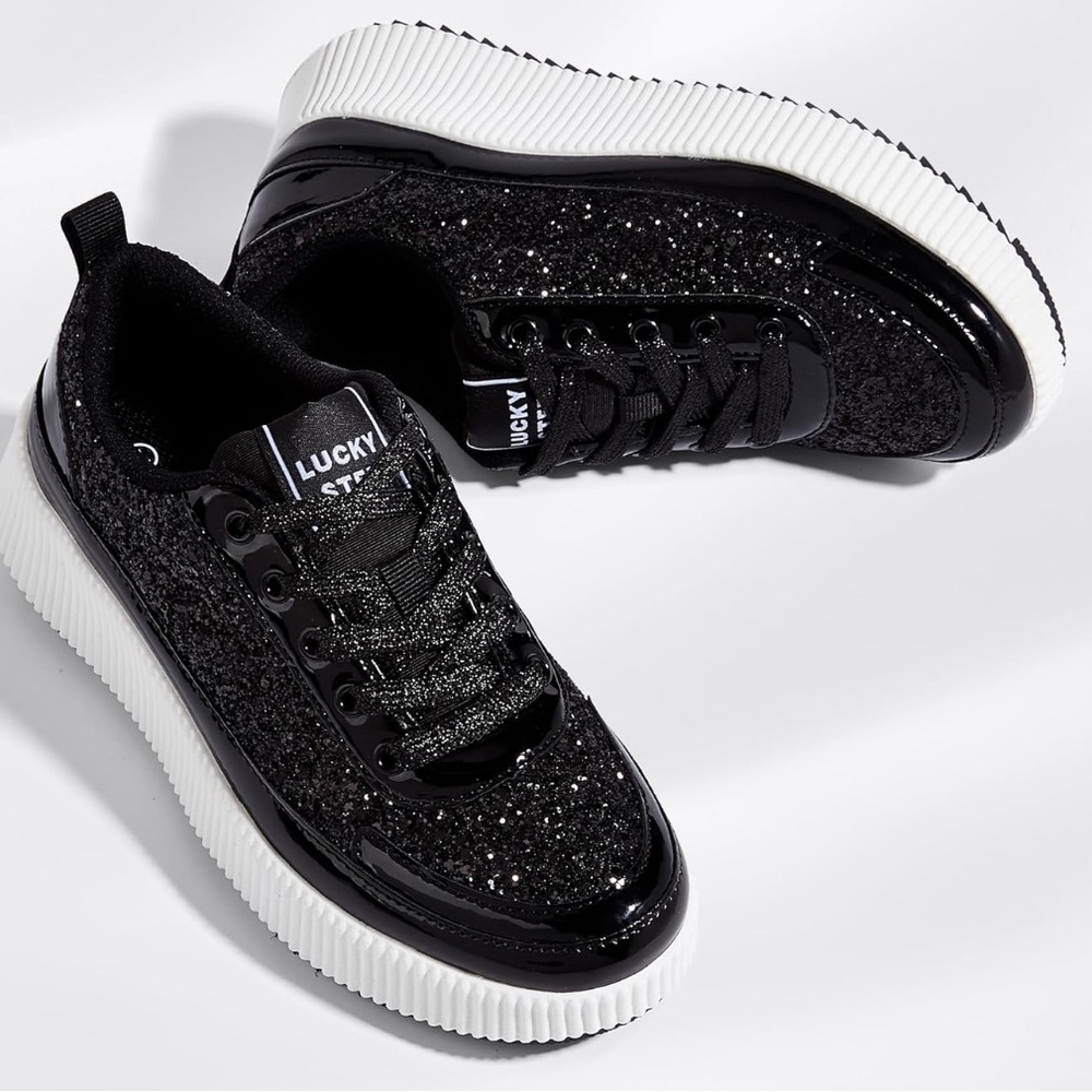 LUCKY STEP Women's Black Glitter Sneakers